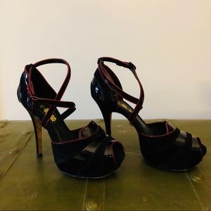 L.A.M.B. Black & Red Patent & Suede Platform Heels